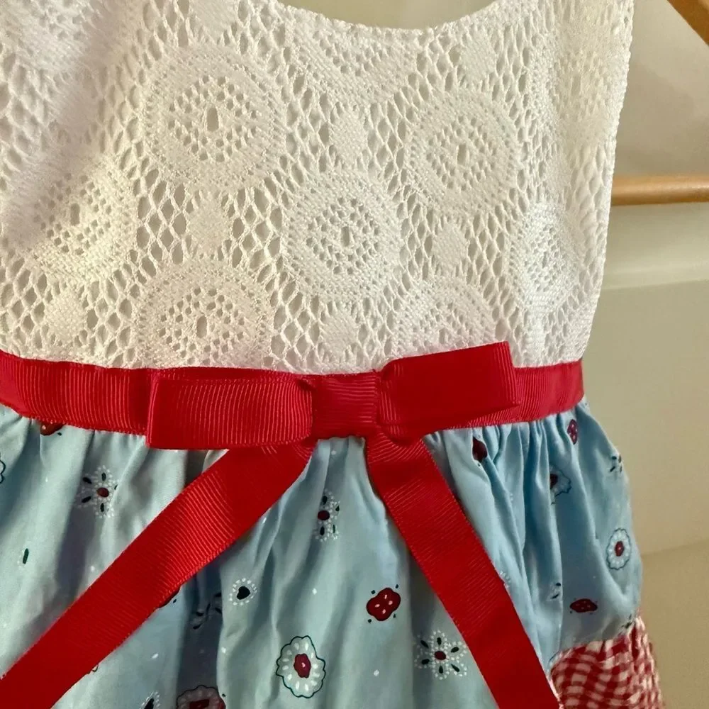 Bluberi Boulevard Girls Farmhouse Cute Dress Patchwork Red, White, and Blue 2T